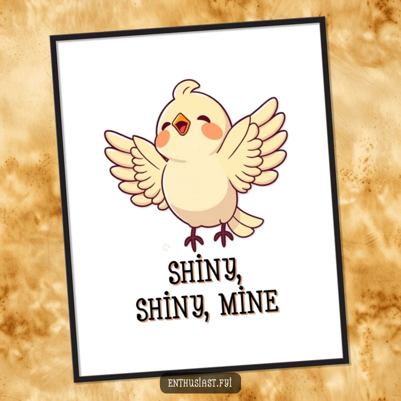 Funny bird digital art print of a delighted bird swooping towards a shiny object, symbolizing the thrill of finding treasures.