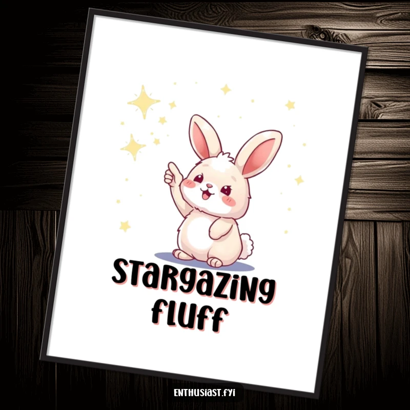 Funny digital art print of a fluffy bunny excitedly pointing at a vast sky filled with twinkling stars.