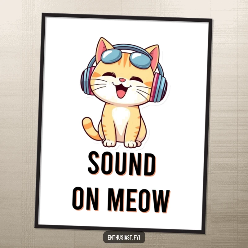 Funny Digital Art Print: Cheerful cat wearing oversized headphones, bobbing head to music, cool vibes.