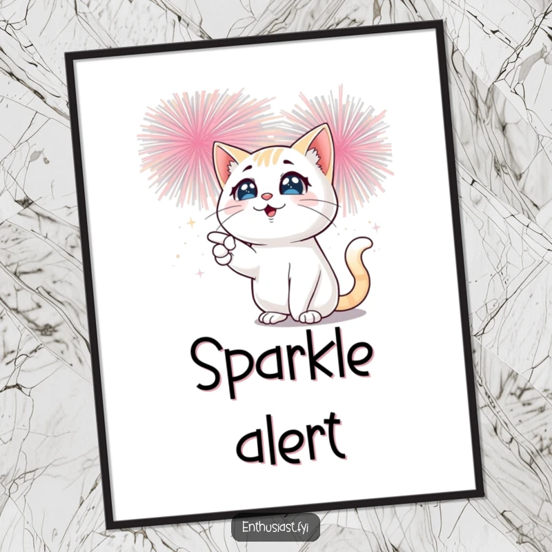 Funny cat digital art print capturing a cat with sparkling eyes enthusiastically pointing at a spectacular, bursting fireworks display.