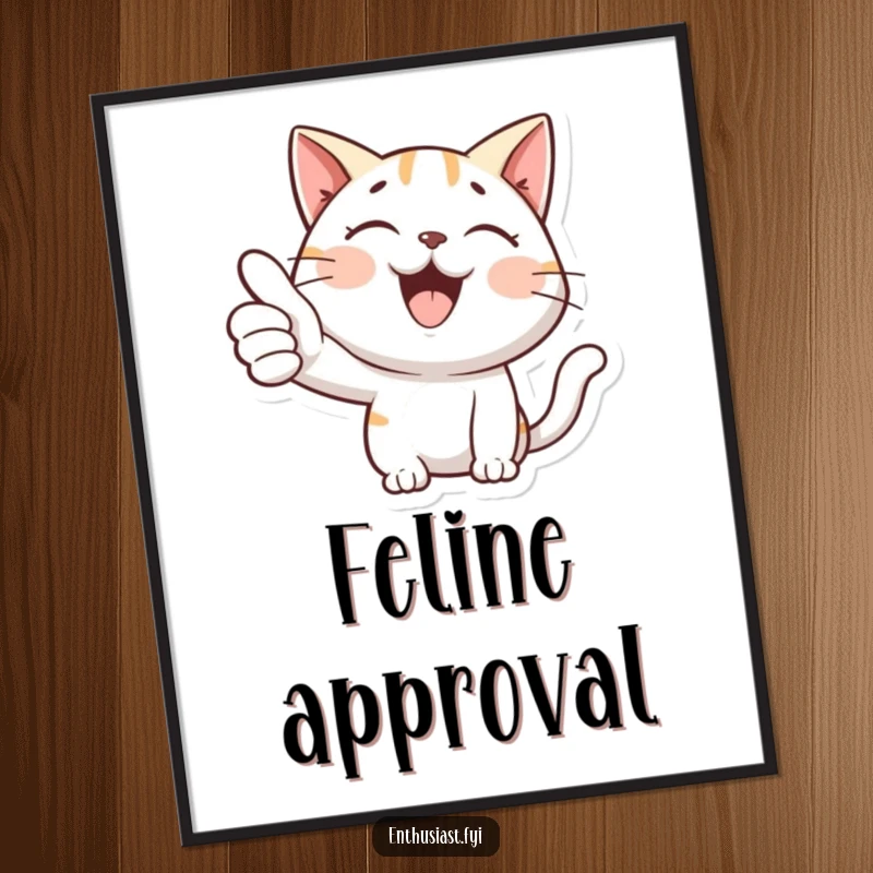 Funny digital art print of a happy cat giving a big thumbs-up, symbolizing instant cool and approval.