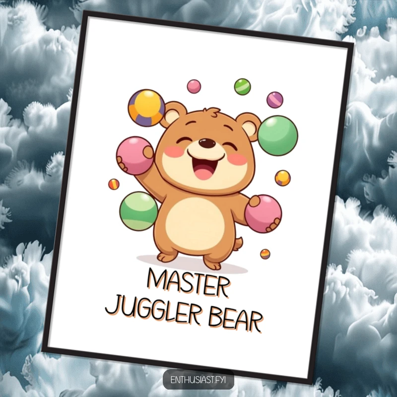 Funny Digital Art Print of a grinning bear character juggling multiple colorful balls, a humorous and lively piece.