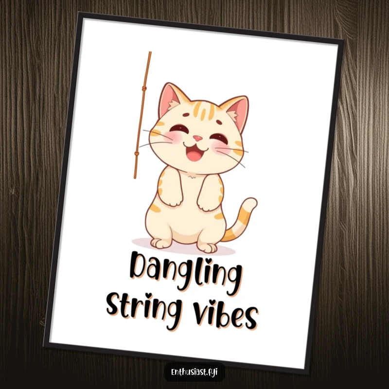 Funny Digital Art Print: Cheerful cat playfully batting at a dangling string, a humorous and artistic representation of feline delight.
