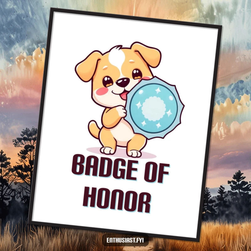 Funny digital art print of a happy dog character holding a giant, sparkling badge, conveying enthusiastic achievement.