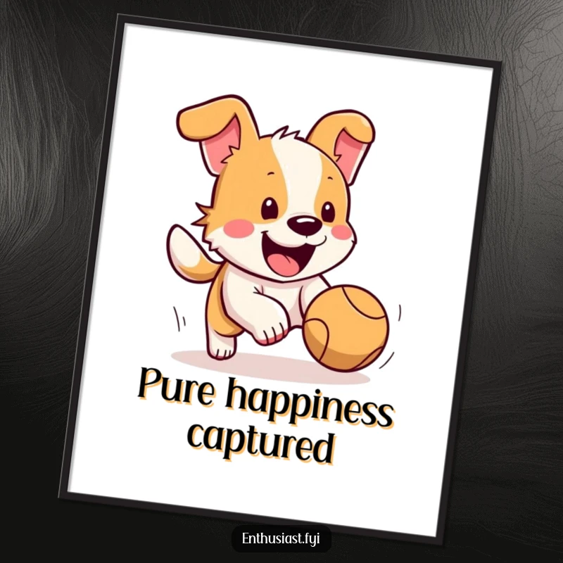 Funny dog digital art print of a happy dog with its tail wagging furiously, excitedly chasing a bouncing ball, vibrant and joyful.