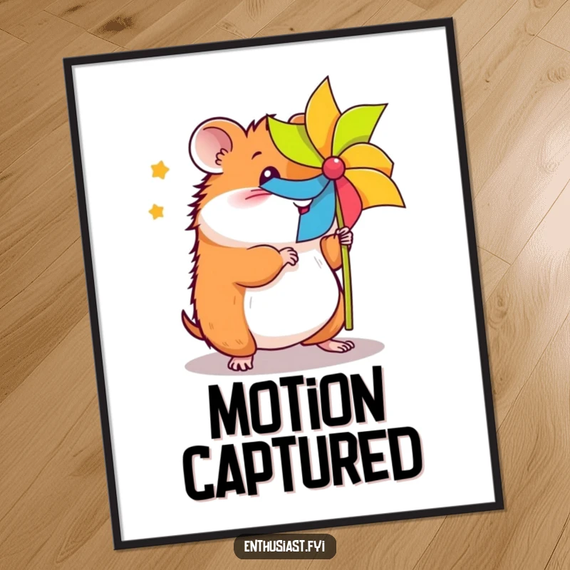 Funny energetic hamster digital art print shows a happy hamster spinning a colorful pinwheel, perfect for adding instant cheer.