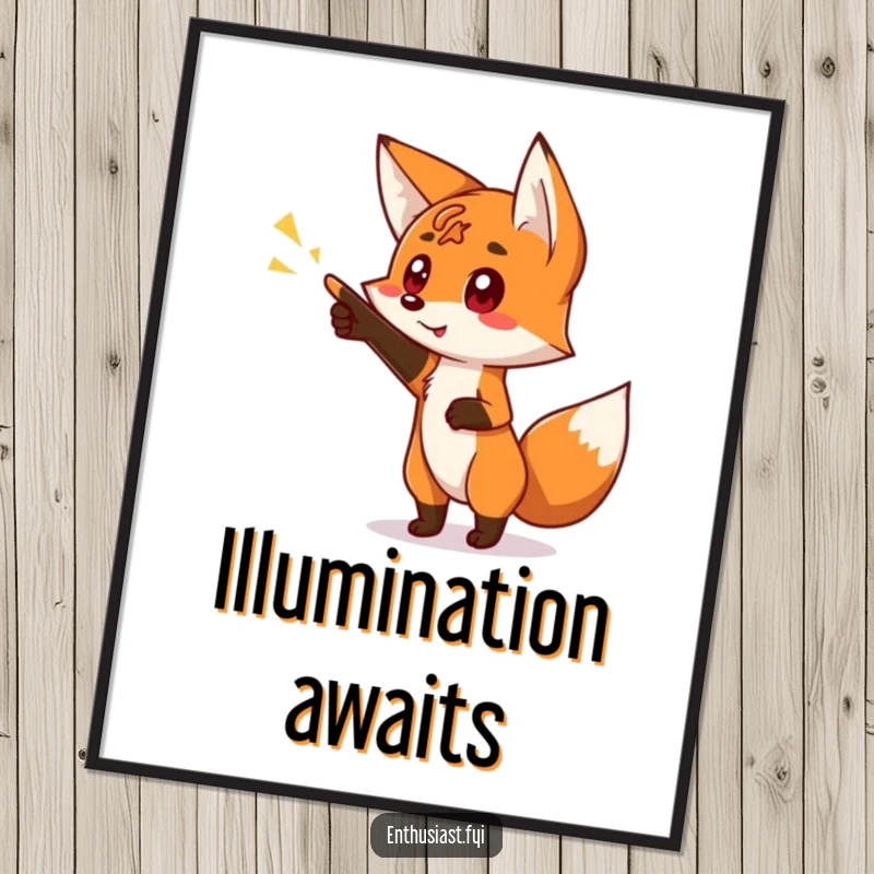 Funny digital art print of a curious fox character pointing excitedly at a bright, glowing sign, full of wonder and discovery.