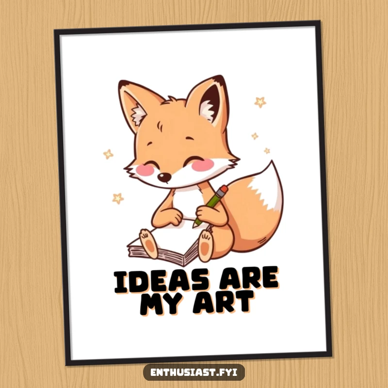 Funny fox digital art print of a playful fox rapidly sketching in a notebook, celebrating artistic expression.