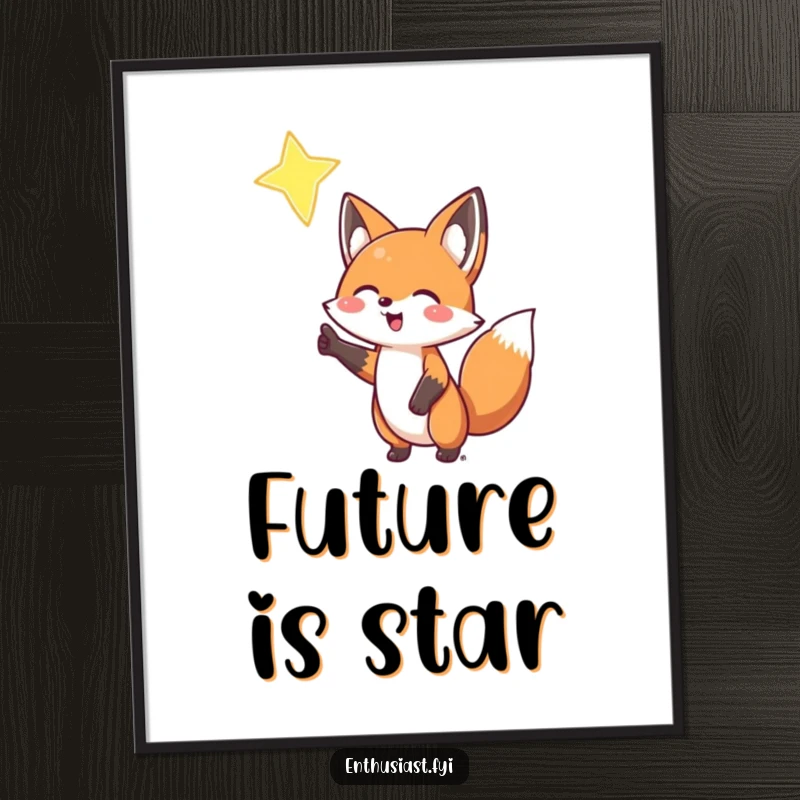 Funny Fox Digital Art Print: An enthusiastic fox gestures towards a bright star, vibrant celestial artwork for instant wall decor, a fun funny gift.