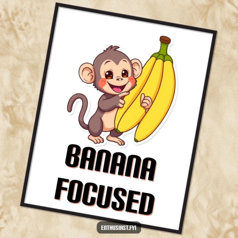 Funny Monkey Digital Art Print: An enthusiastic monkey points at bananas, lively jungle artwork for instant decor, a fun funny gift.