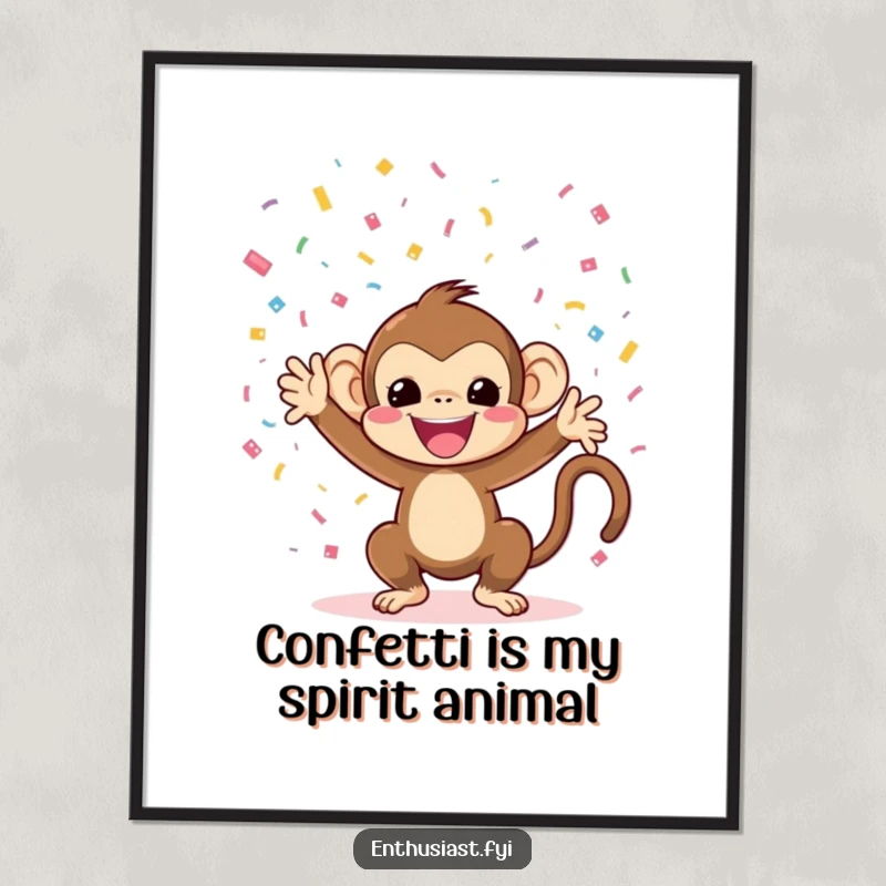 Funny monkey digital art print of a character throwing confetti, offering instant vibrant party decor.