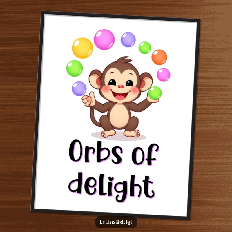 Funny digital art print of a playful monkey character happily juggling colorful, glowing orbs, representing joy and vibrant energy.