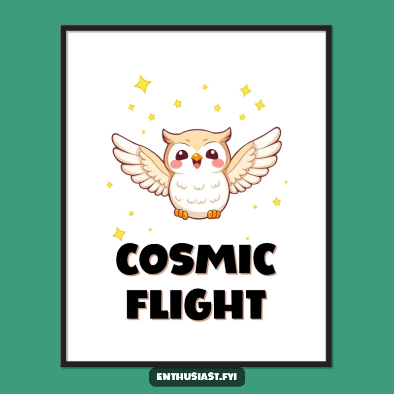 Funny Owl Stars Digital Art: Character's Joyful Flight, Printable Decor for Dreamers