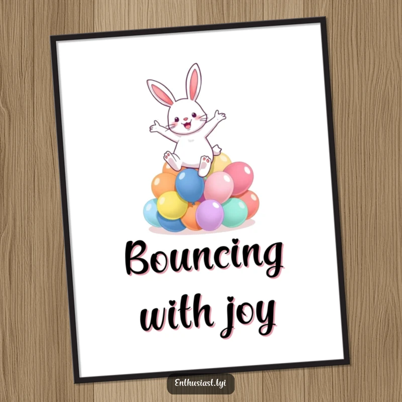 Funny digital art print of a rabbit leaping over colorful balloons, ideal for joyful wall decor.