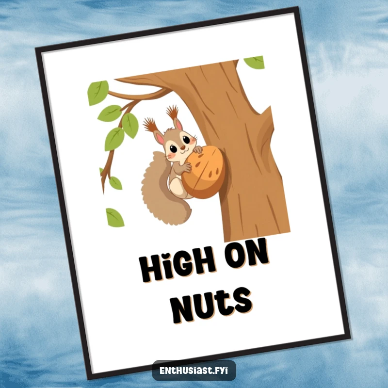 Funny squirrel digital art print of a squirrel in a tree, excited about a huge nut, symbolizing joy and a great find.