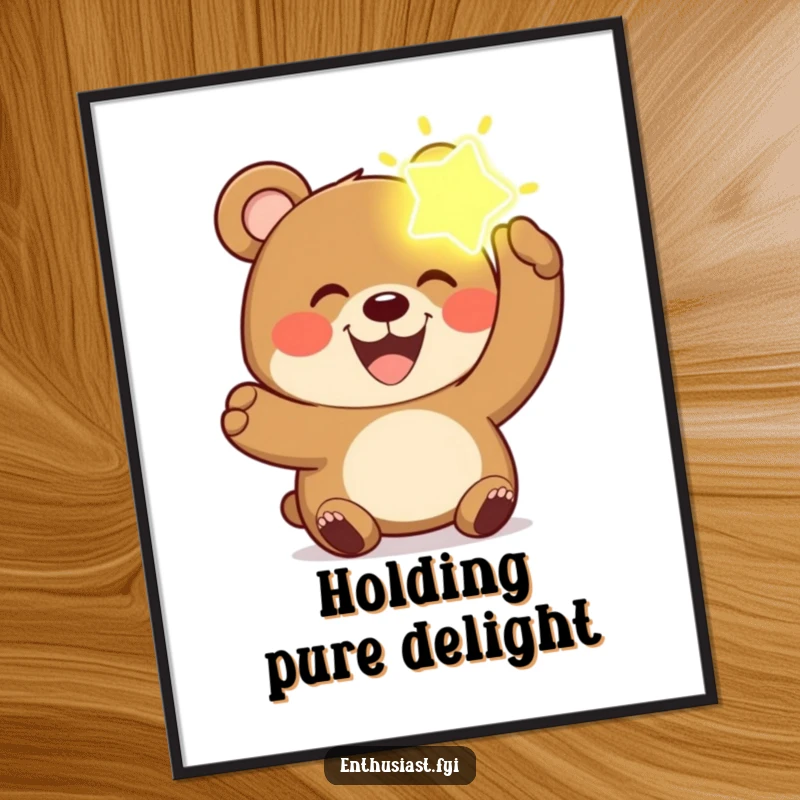 Funny bear digital art print of a joyful bear with a wide grin, holding up a glowing, imaginary object.
