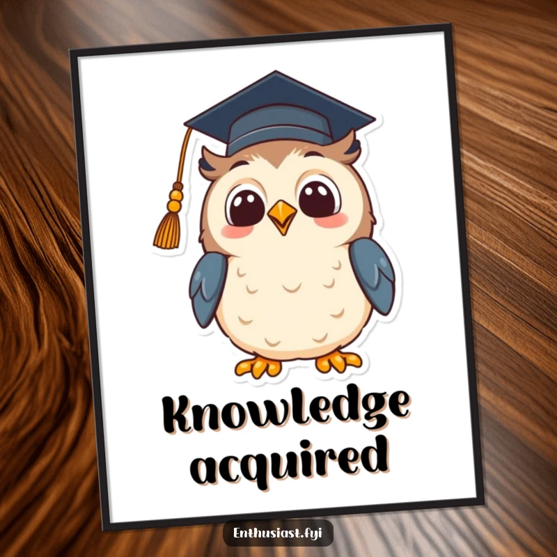 Funny digital art print of a beaming owl wearing a graduation cap, looking up with hopeful excitement, symbolizing wisdom and future success.