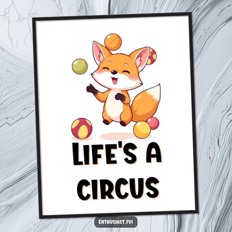 Funny fox juggling digital art print showing a small, energetic fox masterfully juggling colorful balls, perfect for instant wall decor and cheer.