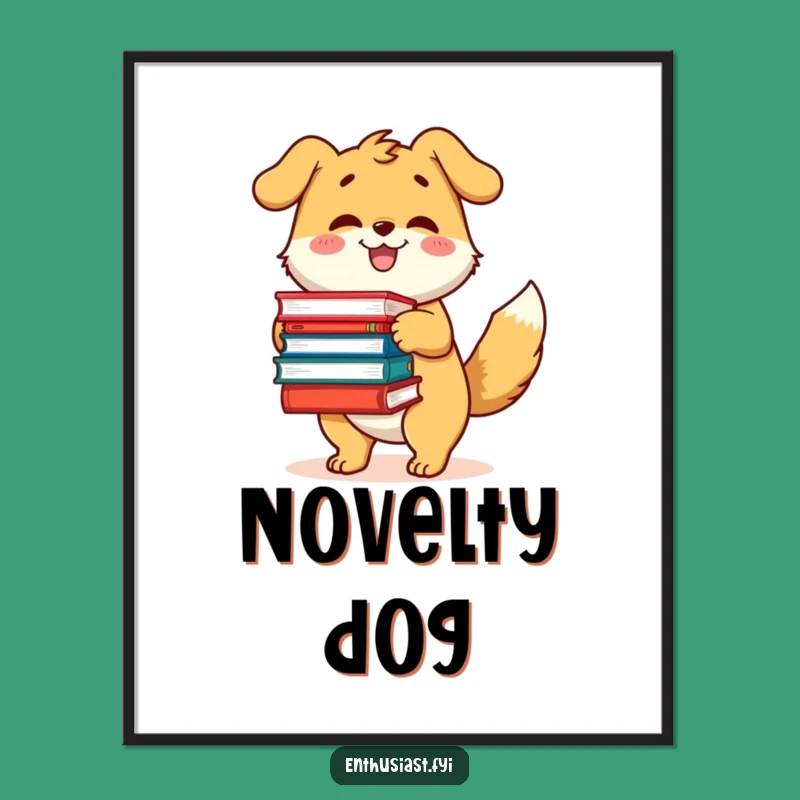 Funny Bookworm Dog Digital Print: Happy Reader Character Art