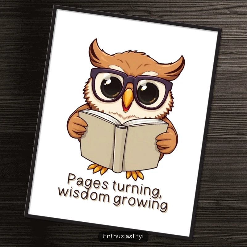 Funny Digital Art Print: Excited owl wearing oversized glasses, engrossed in reading a large book, a humorous and artistic representation of wisdom.