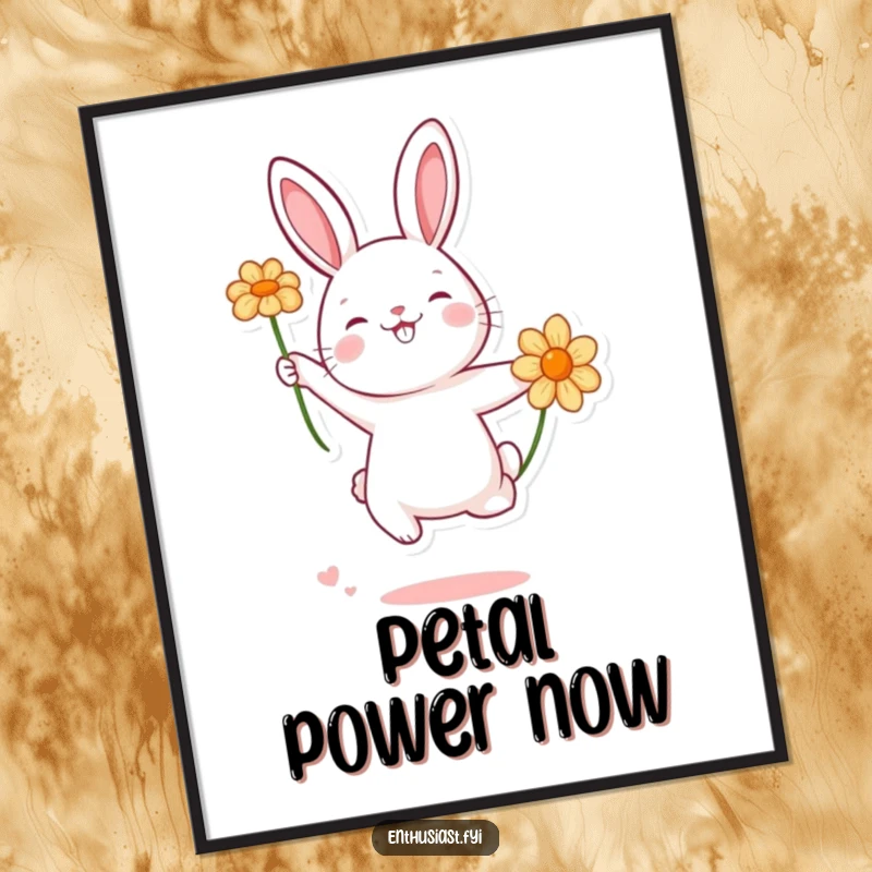 Funny rabbit character leaping with excitement for a flower, digital art print conveying pure joy and playful energy.