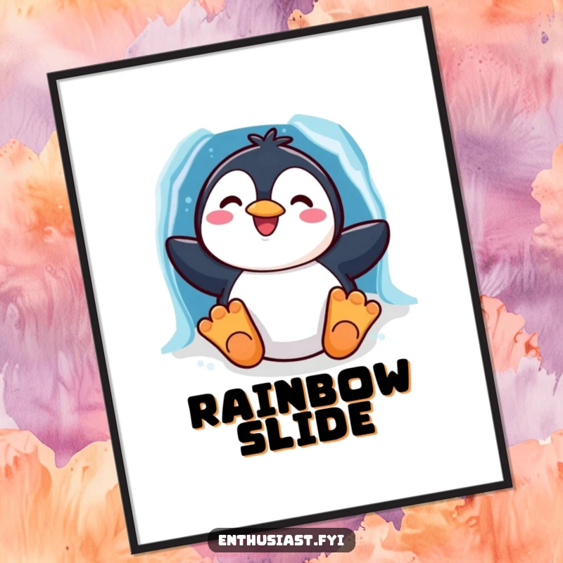 Funny digital art print of a cheerful penguin character sliding down a vibrant rainbow ice chute, embodying winter joy.