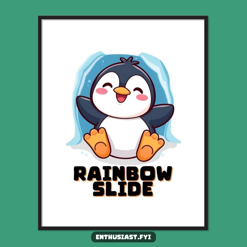 Funny Penguin Slide Digital Art: Character's Joyful Ride, Printable Decor for Winter Fans