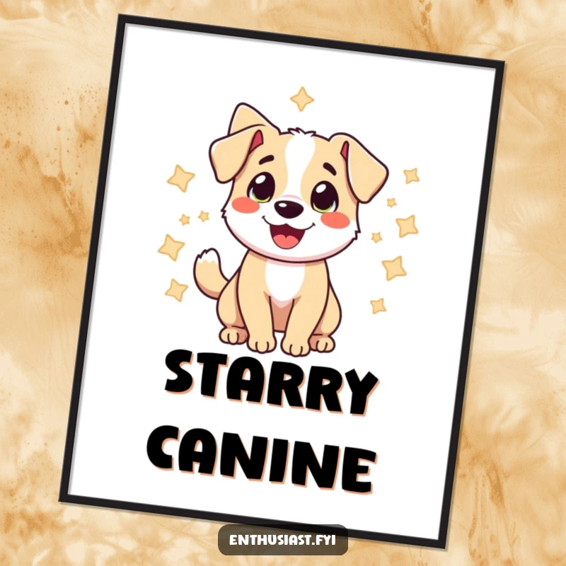 Funny digital art print of a happy dog wagging its tail surrounded by stars, conveying instant joy and wonder.