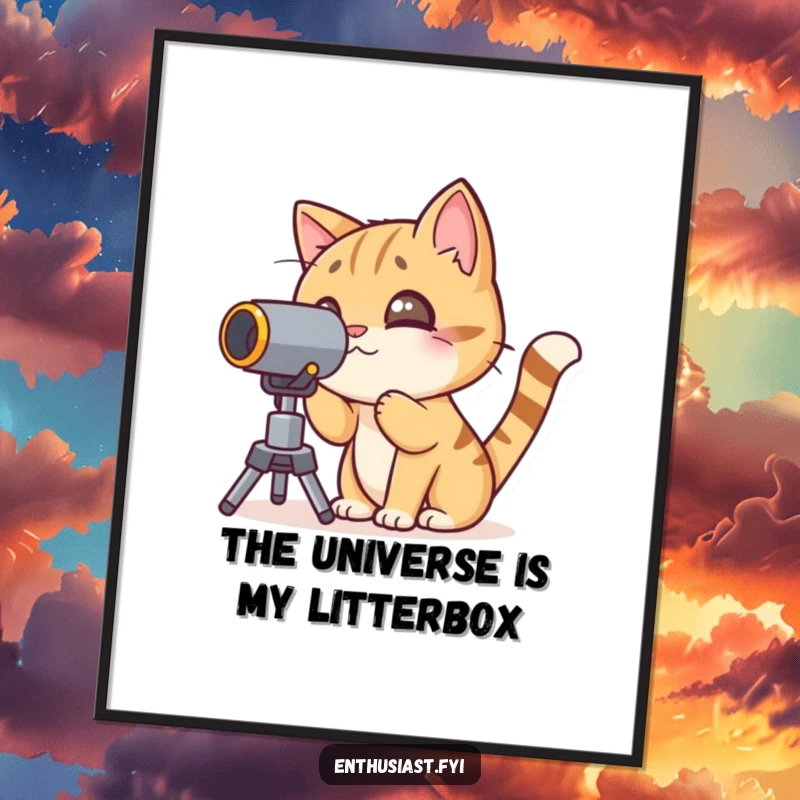 Funny cat digital art print of a character peering through a telescope, offering instant cosmic wall decor.
