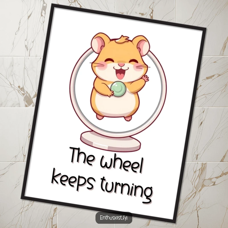 Funny digital art print of a giggling hamster excitedly running on a spinning wheel, for instant energetic decor.