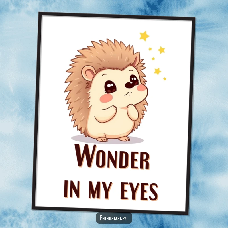 Funny digital art print of a thoughtful hedgehog with a look of wonder, watching enchanting fireflies, for instant magic decor.