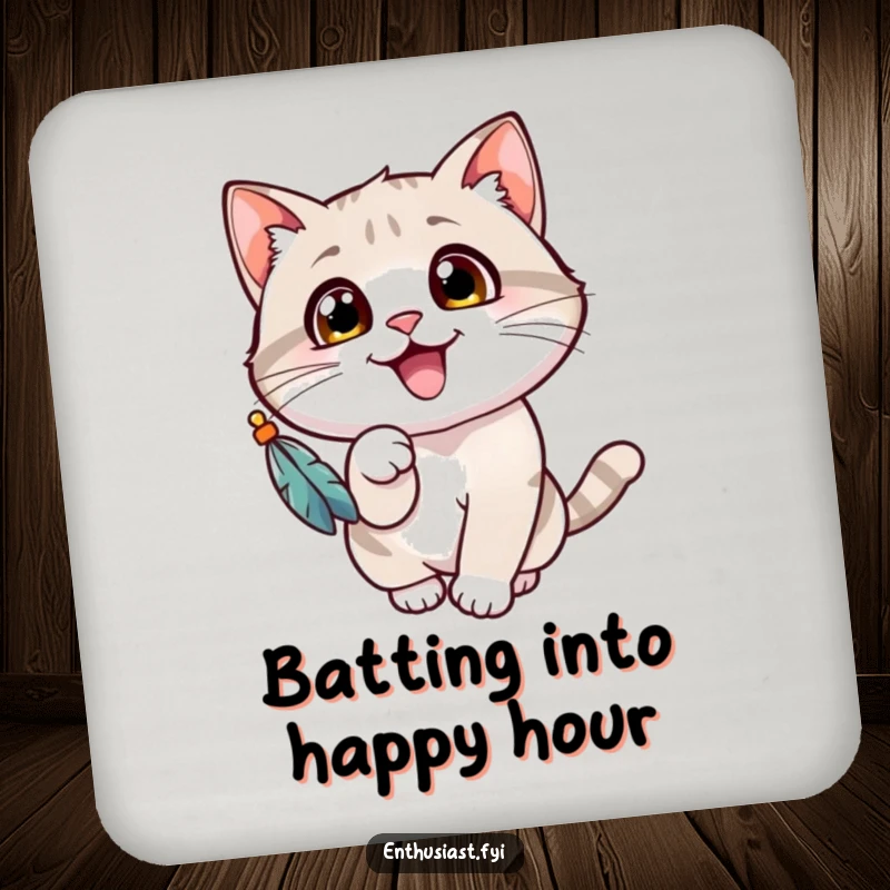 Funny cat coaster featuring a cheerful cat with wide eyes, gleefully batting at a dangling feathered toy, a fun surface protector.