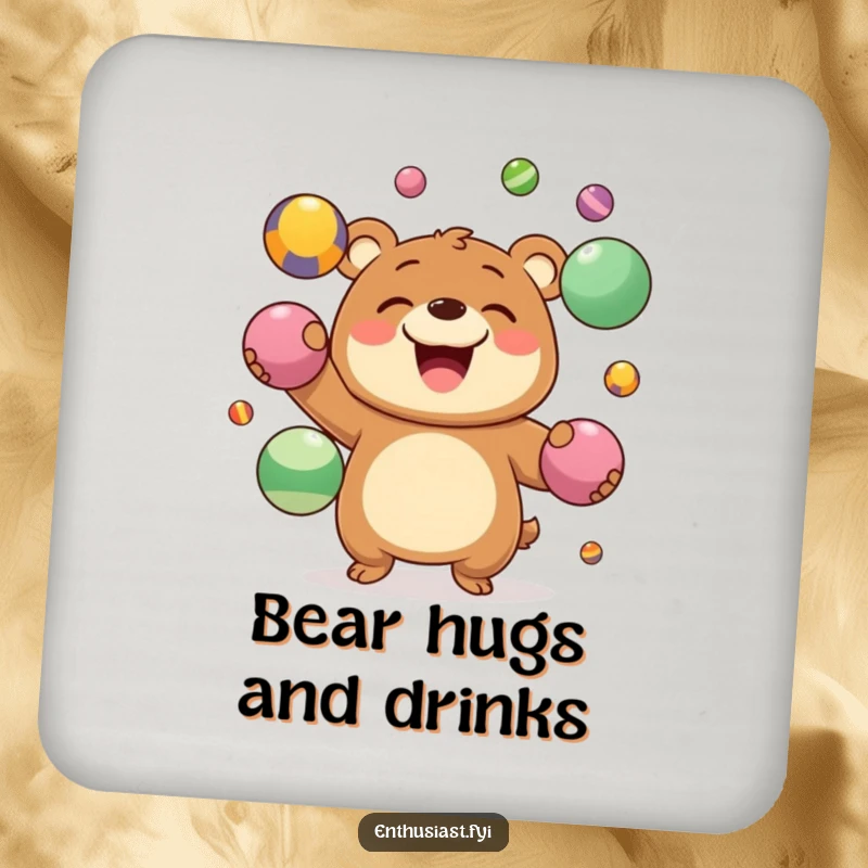 Funny Drink Coasters depicting a joyous bear character grinning while juggling colorful balls, a humorous accessory.