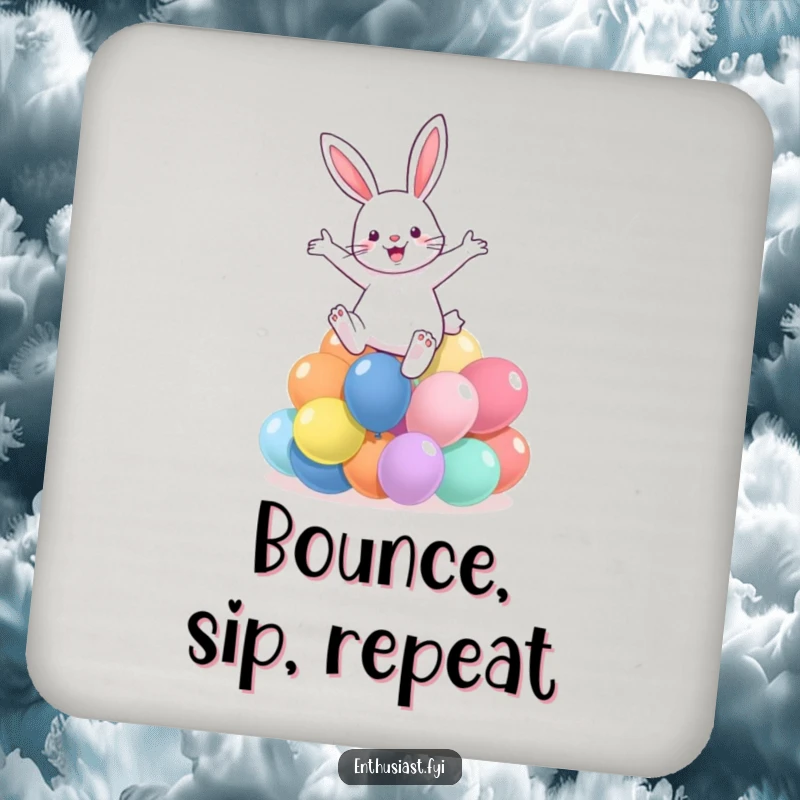 Funny drink coaster featuring a rabbit leaping over colorful balloons, adding festive charm to tables.
