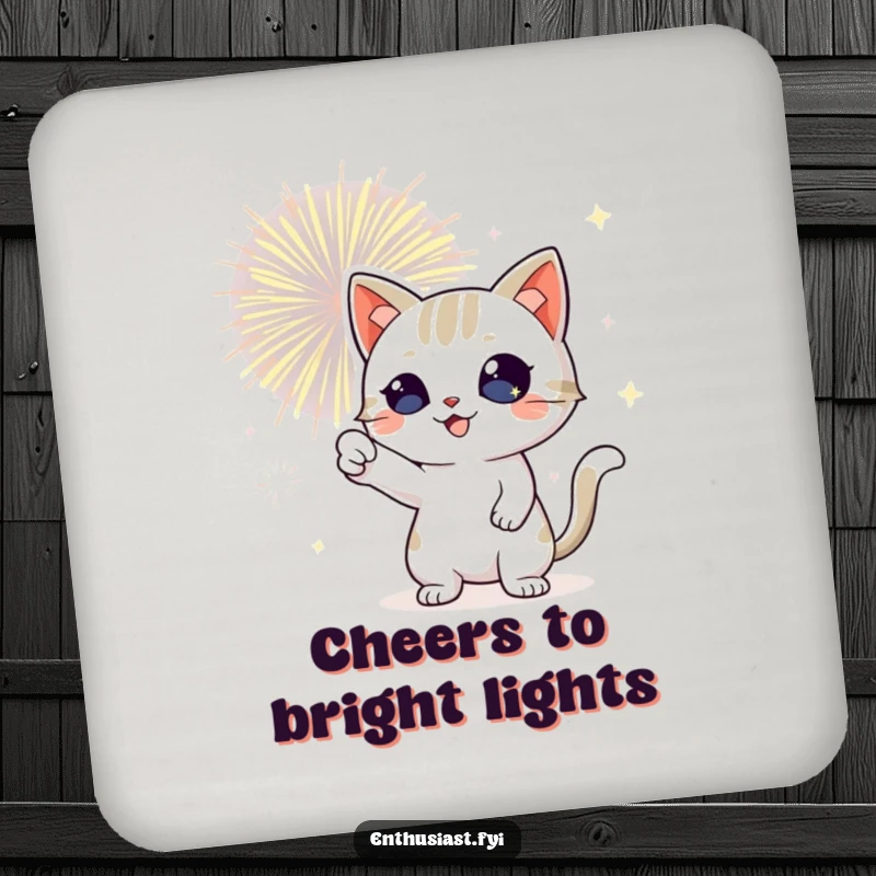Funny cat drink coaster with a playful cat, sparkling eyes, pointing at fireworks, adding festive flair.