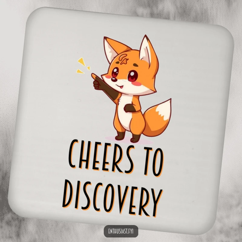Funny drink coaster with a curious fox character pointing at a bright, glowing sign, adding a touch of intrigue.