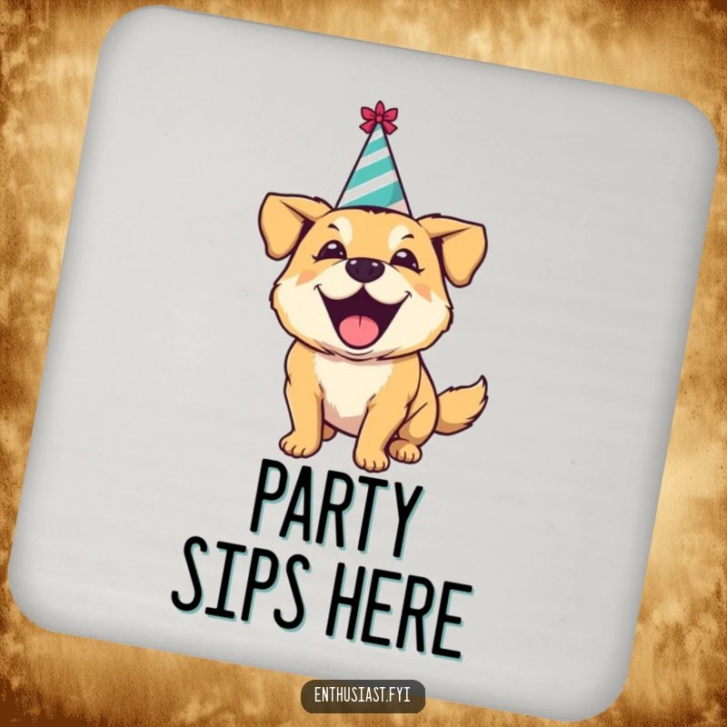 Funny coaster showcasing an excited dog in a party hat, happily barking, offering surface protection with festive humor.