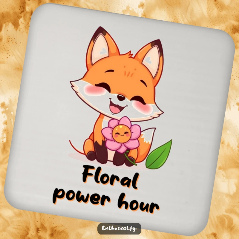Funny drink coaster featuring a joyful fox with a big grin enthusiastically sniffing a vibrant flower, protecting surfaces with humor.
