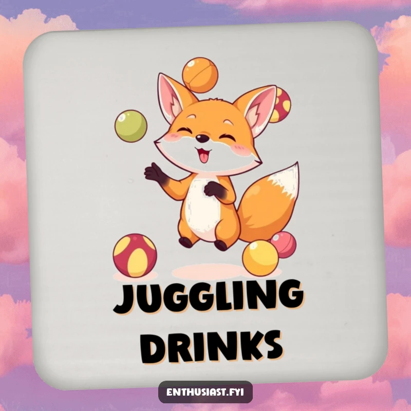 Funny fox juggling coasters set featuring a small fox skillfully juggling colorful balls, protecting surfaces with humorous and artistic flair.