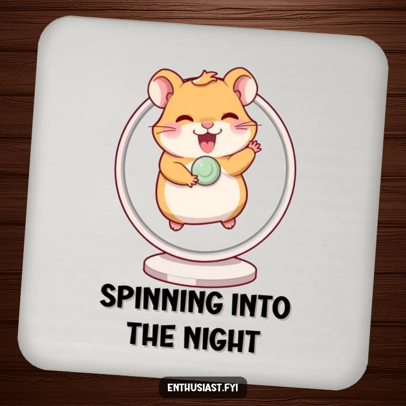 Funny drink coaster featuring a giggling hamster excitedly running on a spinning wheel, protecting surfaces with humor.