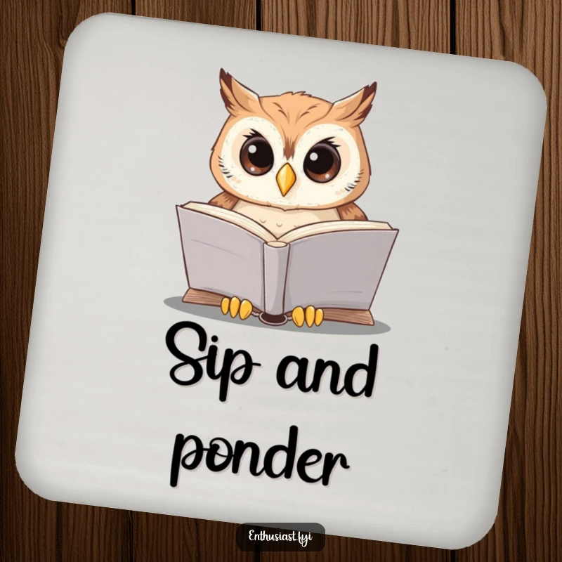 Funny owl reading drink coaster features a wise owl reading a book, offering protection with intellectual and humorous appeal.