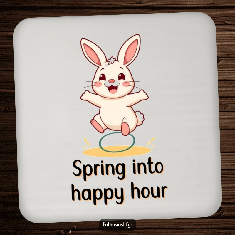 Funny rabbit coaster featuring a cheerful bunny bouncing on a spring, adding humor to any table.