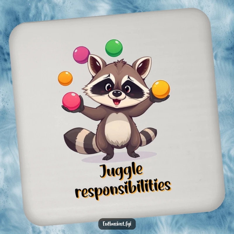 Funny raccoon juggling drink coaster features a goofy raccoon balancing colorful balls, protecting surfaces with charming humor.