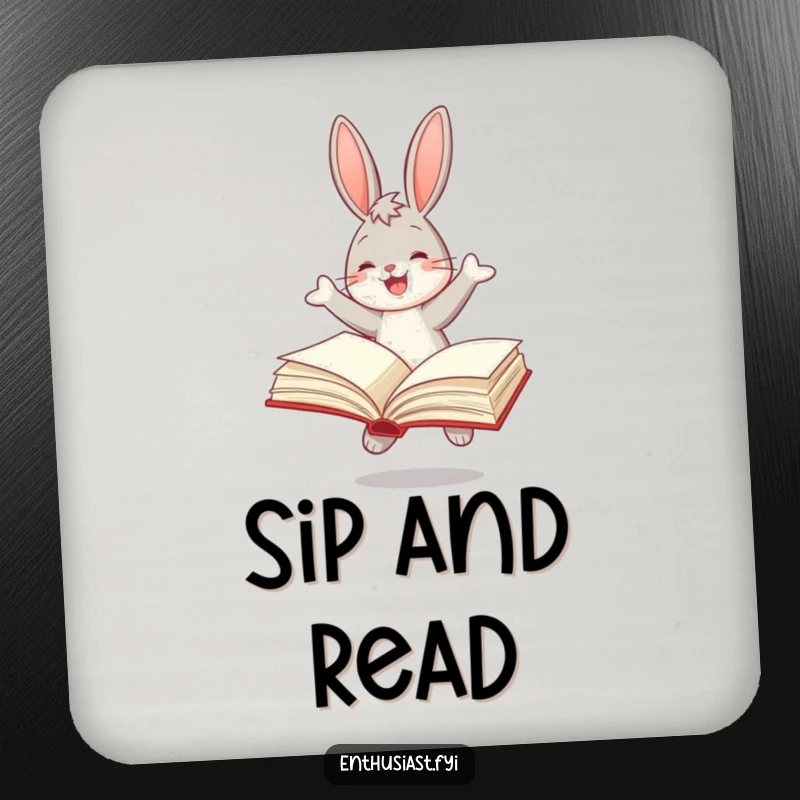 Funny drink coasters featuring a joyful bunny bouncing with an open book, adding cheerful literary protection.