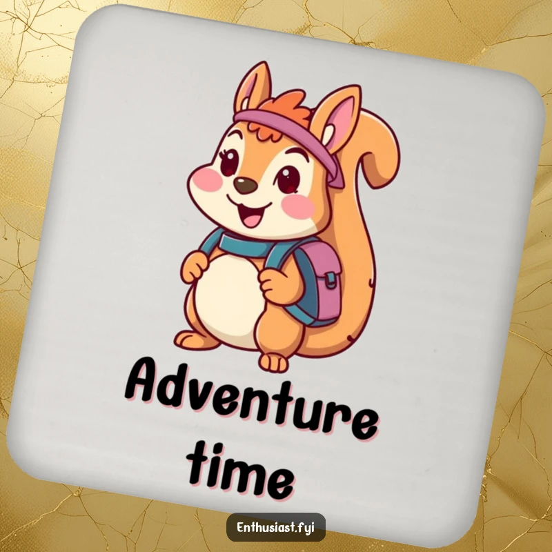 Funny drink coasters featuring a cheerful squirrel character with a backpack, ready for adventure, perfect for protecting surfaces with humorous flair.