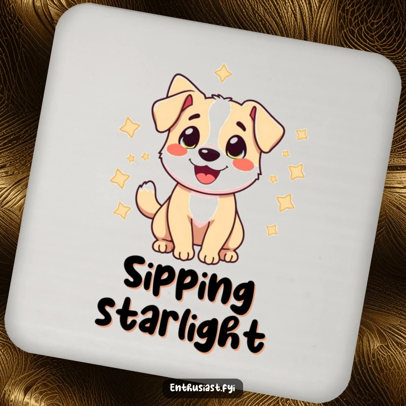 Funny coasters showing a happy dog wagging its tail among stars, adding a celestial and humorous touch to drinks.