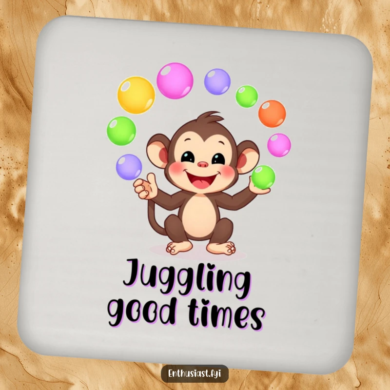 Funny drink coaster featuring a playful monkey character juggling colorful orbs, protecting surfaces with cheerful artistic humor.