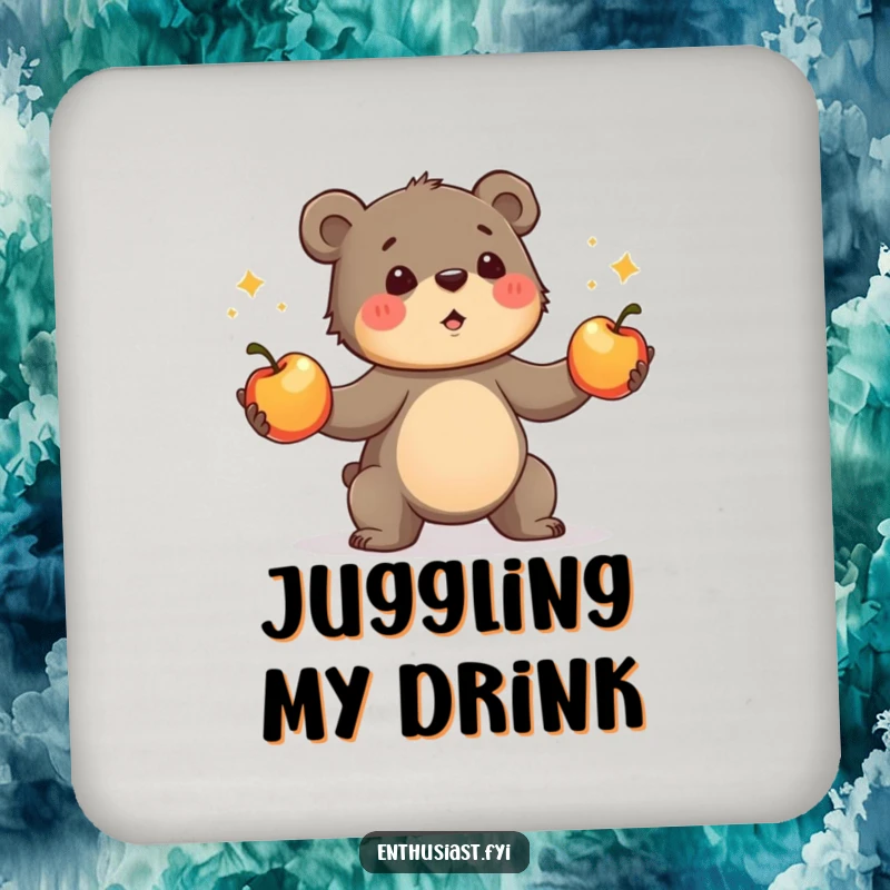 Funny bear cub drink coaster, depicting a determined cub enthusiastically juggling apples. Humorous and functional home gift.