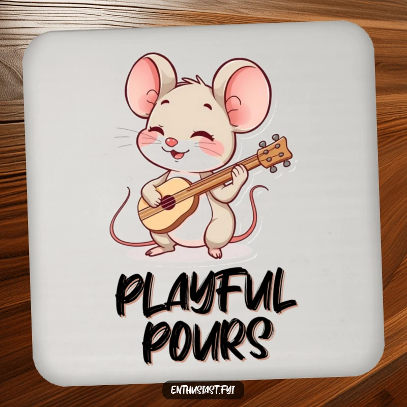 Funny mouse music drink coaster features a spirited mouse playing a tiny instrument, protecting surfaces with cheerful musical flair.