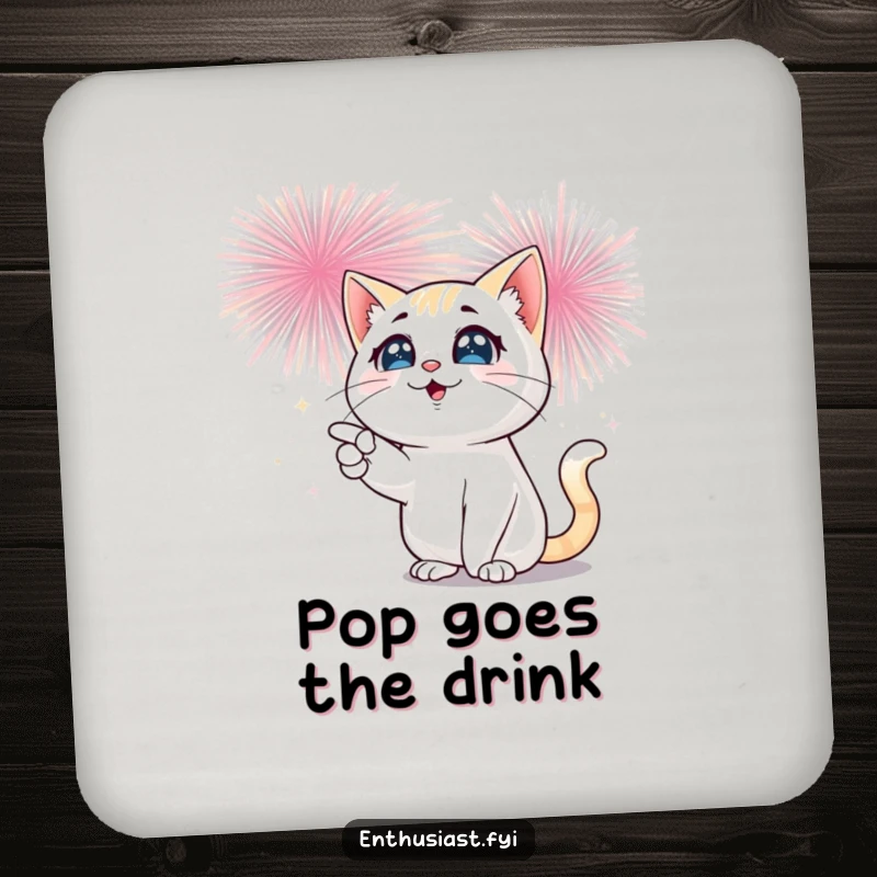 Funny cat drink coaster featuring a cat with sparkling eyes pointing at a bursting fireworks display, offering playful surface protection.